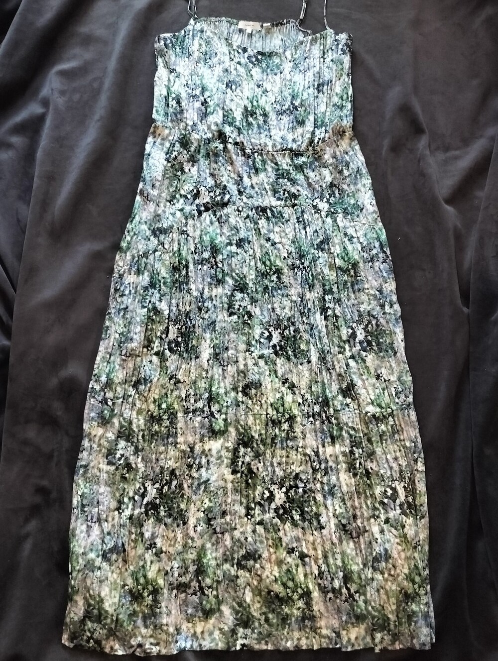 EUC Vince Blue Green Cream Painted Floral Pleats Camisole Midi Slip Dress Large